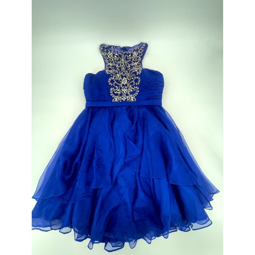 Aspeed Beaded Halter Chiffon Mini Dress Women Medium Royal Blue Lined Prom Party